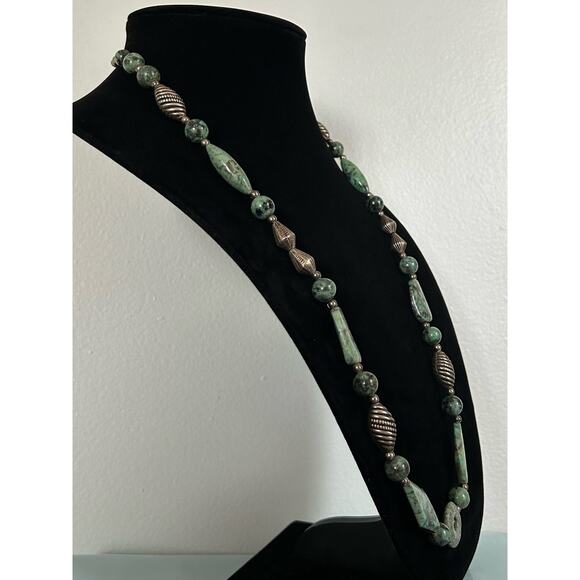 Handmade Green Turquoise and Silver 30in Beaded Necklace, Optionally Adjustable - Picture 5 of 7